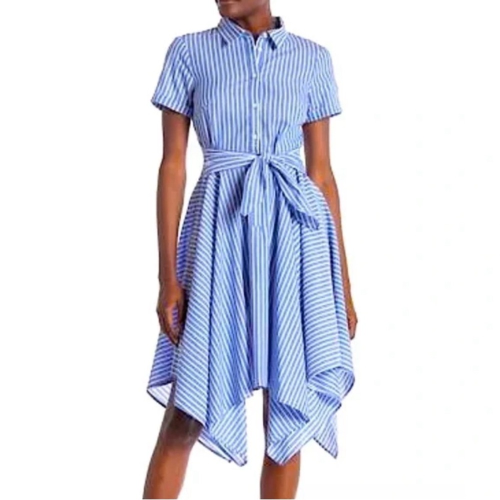London Times Blue & White Striped Midi Shirt Dress Size 8 Excellent Condition